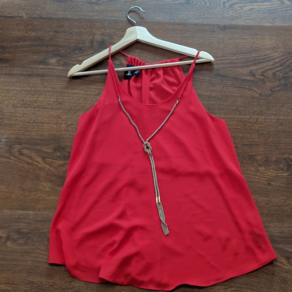 Red Flowy Tank Top with Attached Necklace